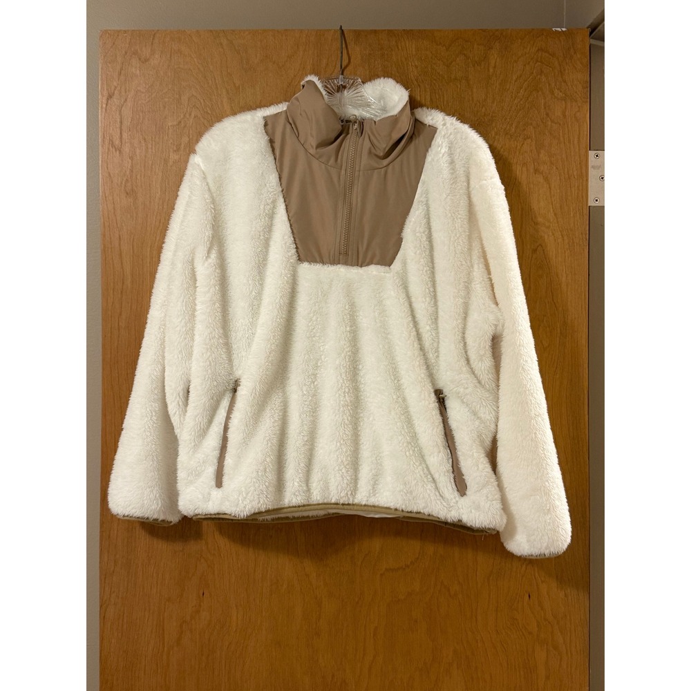 Lands' End Cozy Sherpa Fleece Half Zip Pullover Women's L Petite 14-16 Ivory Tan